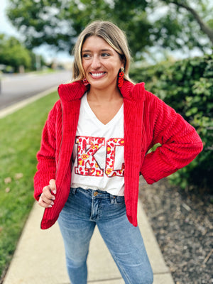 Velour Puff Jacket in Red