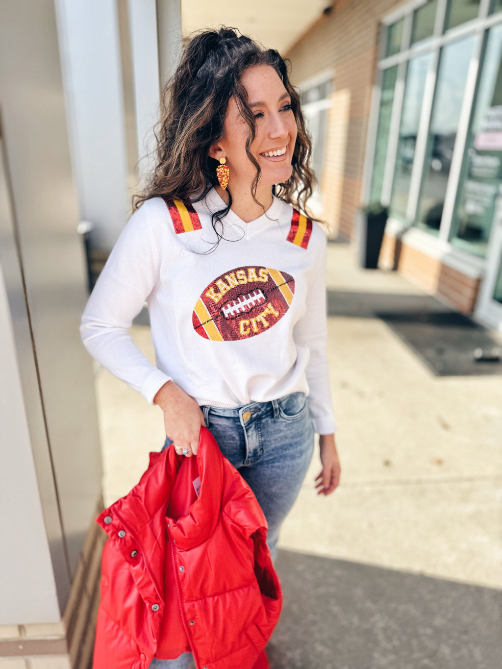 Kansas City Football V Neck Sweater - Queen of Sparkles x Amelia's Collab