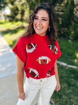 Football Sequin Knit Sweater in Red