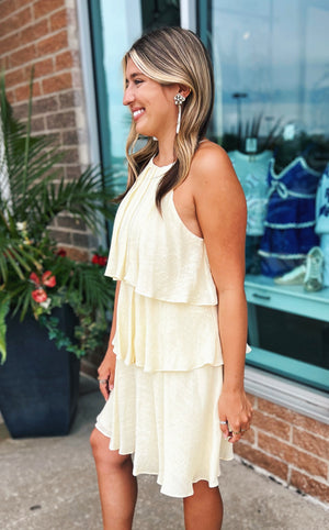 Tiered Butter Yellow Halter Dress