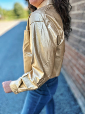 Metallic Gold Cropped Faux Leather Jacket