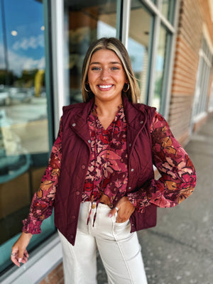 Quilted Snap Button Vest in Dark Cherry