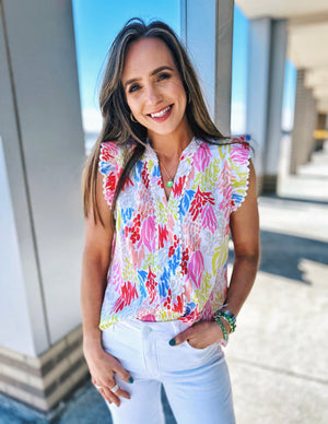 Printed Top w/ Ruffle Shoulder