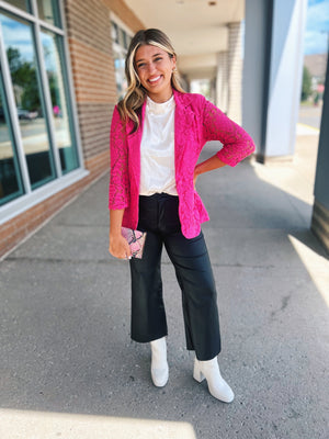 Lace 3/4 Sleeve Blazer in Hot Pink