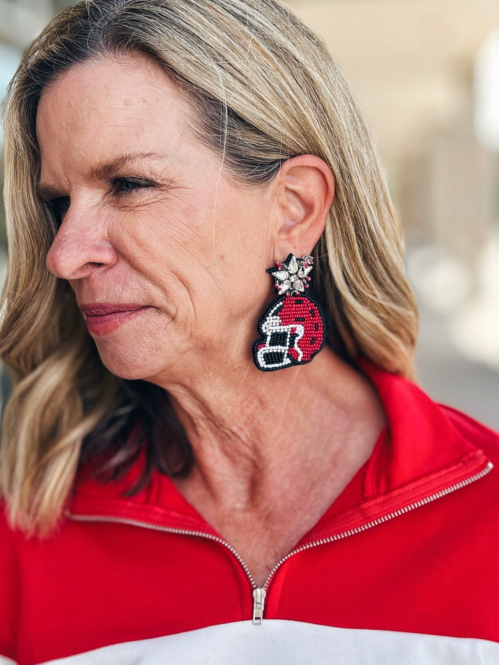 Beaded red/black Helmet Earrings with Bling