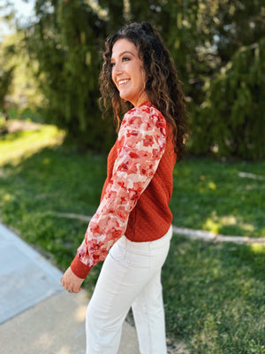 Quilted Front with Floral Sleeve Sweatshirt