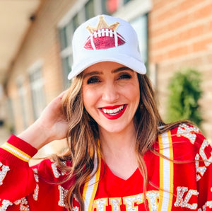 White Trucker Hat with Red Football and Crown