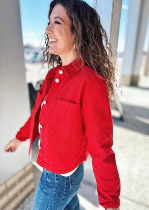 Red Cropped Denim Jacket