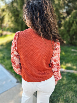 Quilted Front with Floral Sleeve Sweatshirt