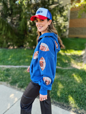 Oversized Hooded Sequin Football Sweatshirt in Blue