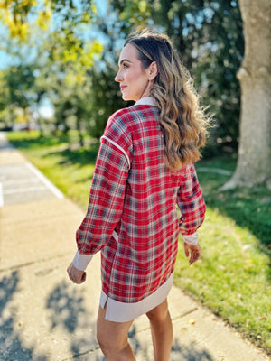 Red Plaid Long Sleeve Pop on Dress