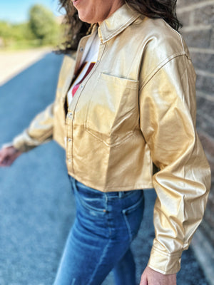 Metallic Gold Cropped Faux Leather Jacket