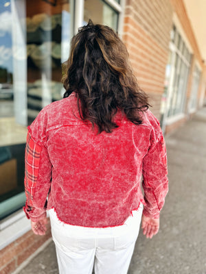 Corduroy Jacket with Plaid Details in Washed Red