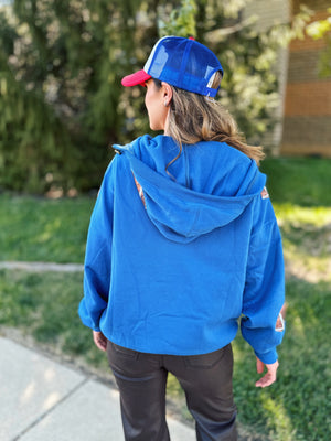 Oversized Hooded Sequin Football Sweatshirt in Blue