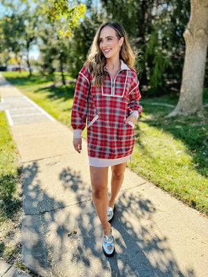 Red Plaid Long Sleeve Pop on Dress