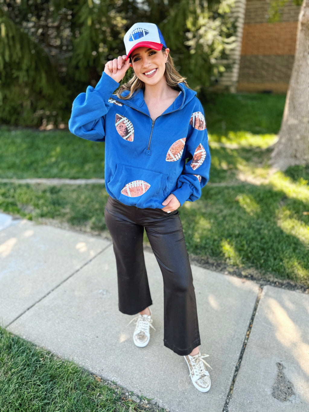 Oversized Hooded Sequin Football Sweatshirt in Blue