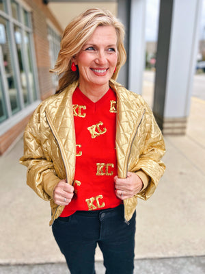 Gold KC Scattered Sequin Sweater in Red