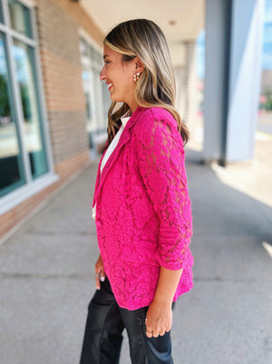 Lace 3/4 Sleeve Blazer in Hot Pink