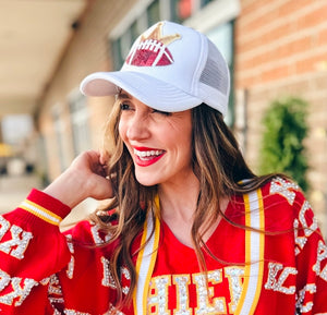 White Trucker Hat with Red Football and Crown