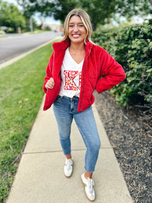 Velour Puff Jacket in Red