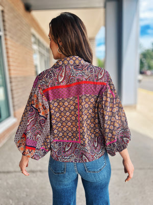 Portuguese Tiles Print Button Up Blouse