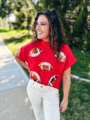 Football Sequin Knit Sweater in Red