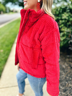 Velour Puff Jacket in Red