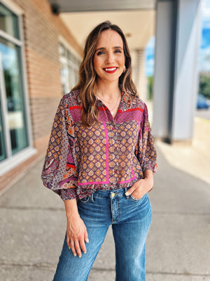 Portuguese Tiles Print Button Up Blouse