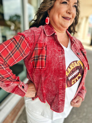 Corduroy Jacket with Plaid Details in Washed Red