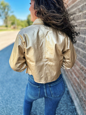 Metallic Gold Cropped Faux Leather Jacket