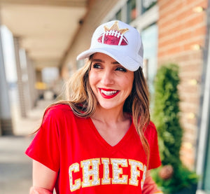 White Trucker Hat with Red Football and Crown