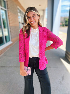 Lace 3/4 Sleeve Blazer in Hot Pink