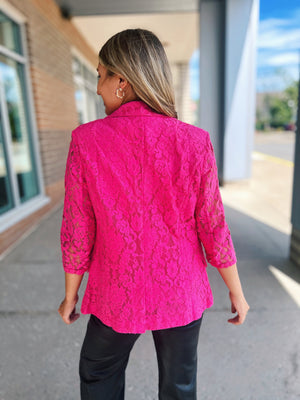 Lace 3/4 Sleeve Blazer in Hot Pink