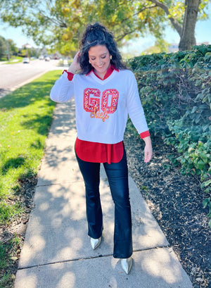 Let's GO Chiefs V Neck Sweater - Queen of Sparkles x Amelia's Collab