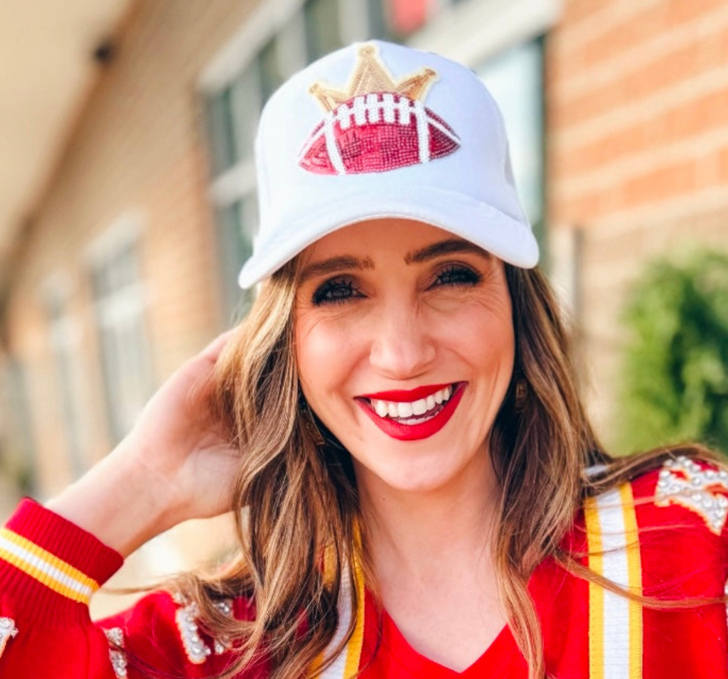 White Trucker Hat with Red Football and Crown